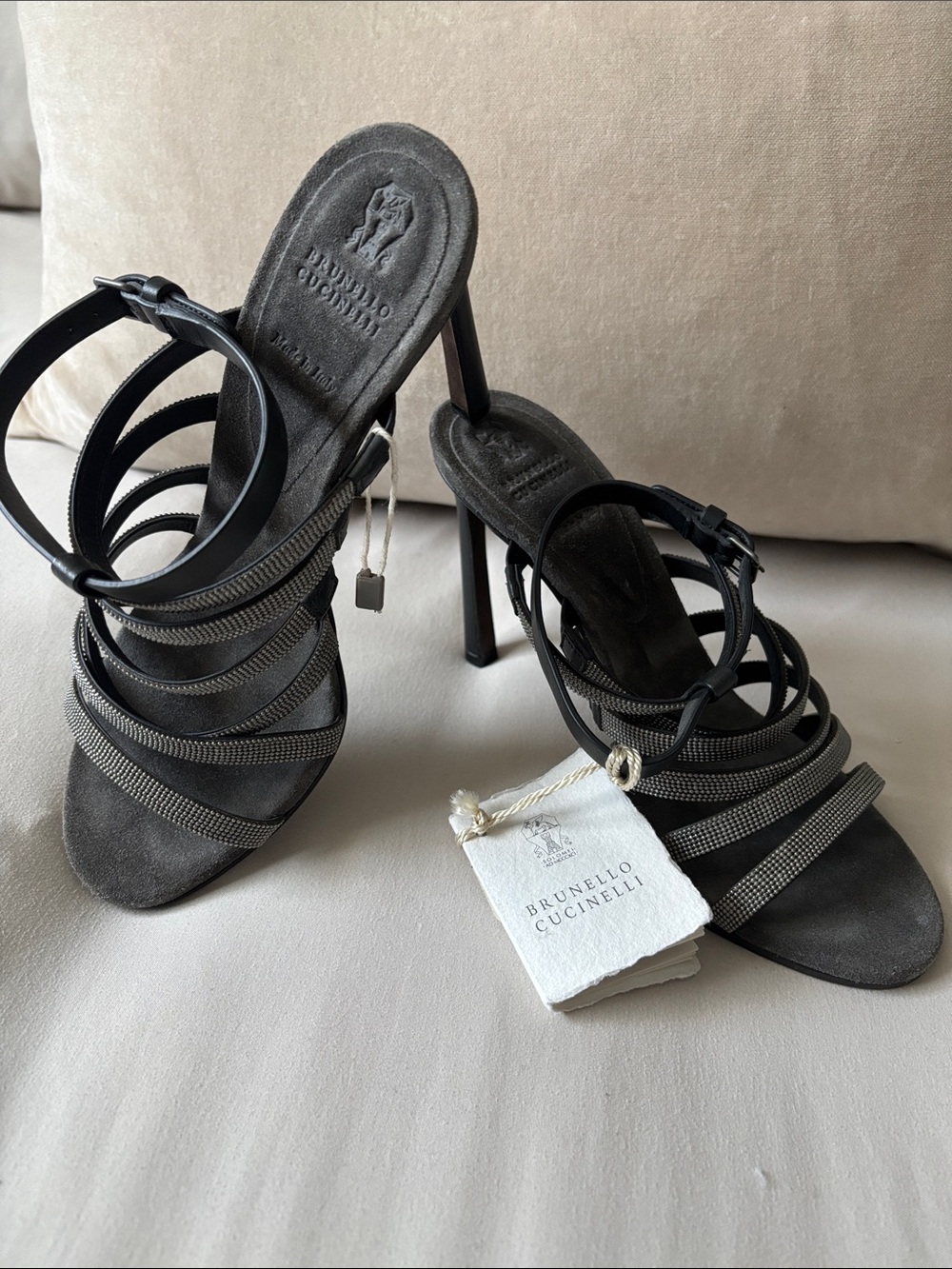 Brunello Cucinelli Black Strappy Suede High Heel Sandals